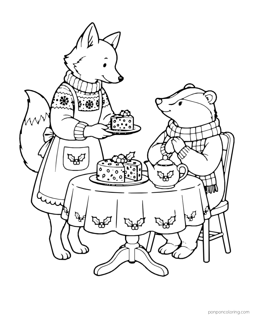 A fox serves fruitcake to a badger at a table with a holly-decorated teapot.