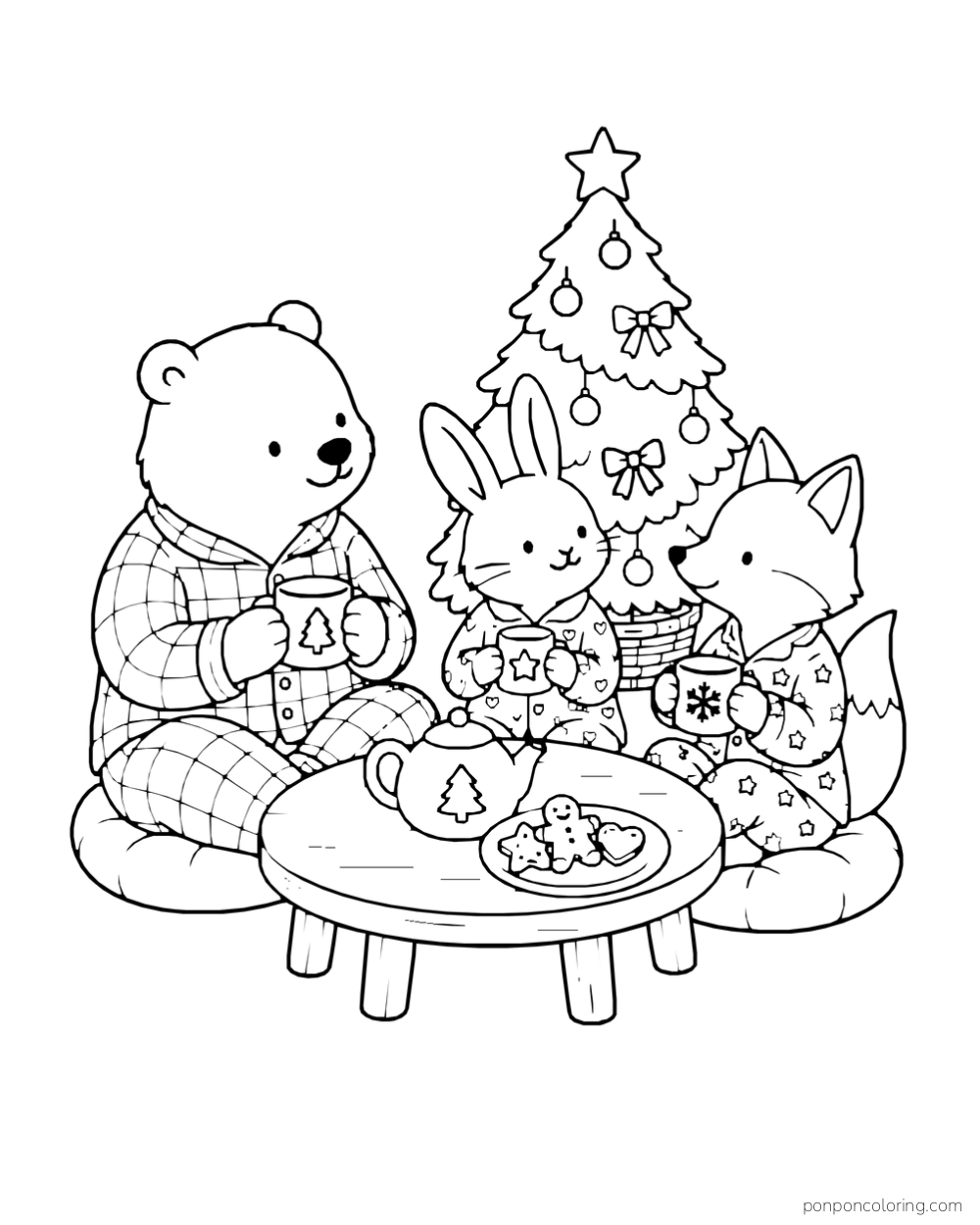 A bear, rabbit, and fox in pajamas share tea and cookies beside a decorated Christmas tree.