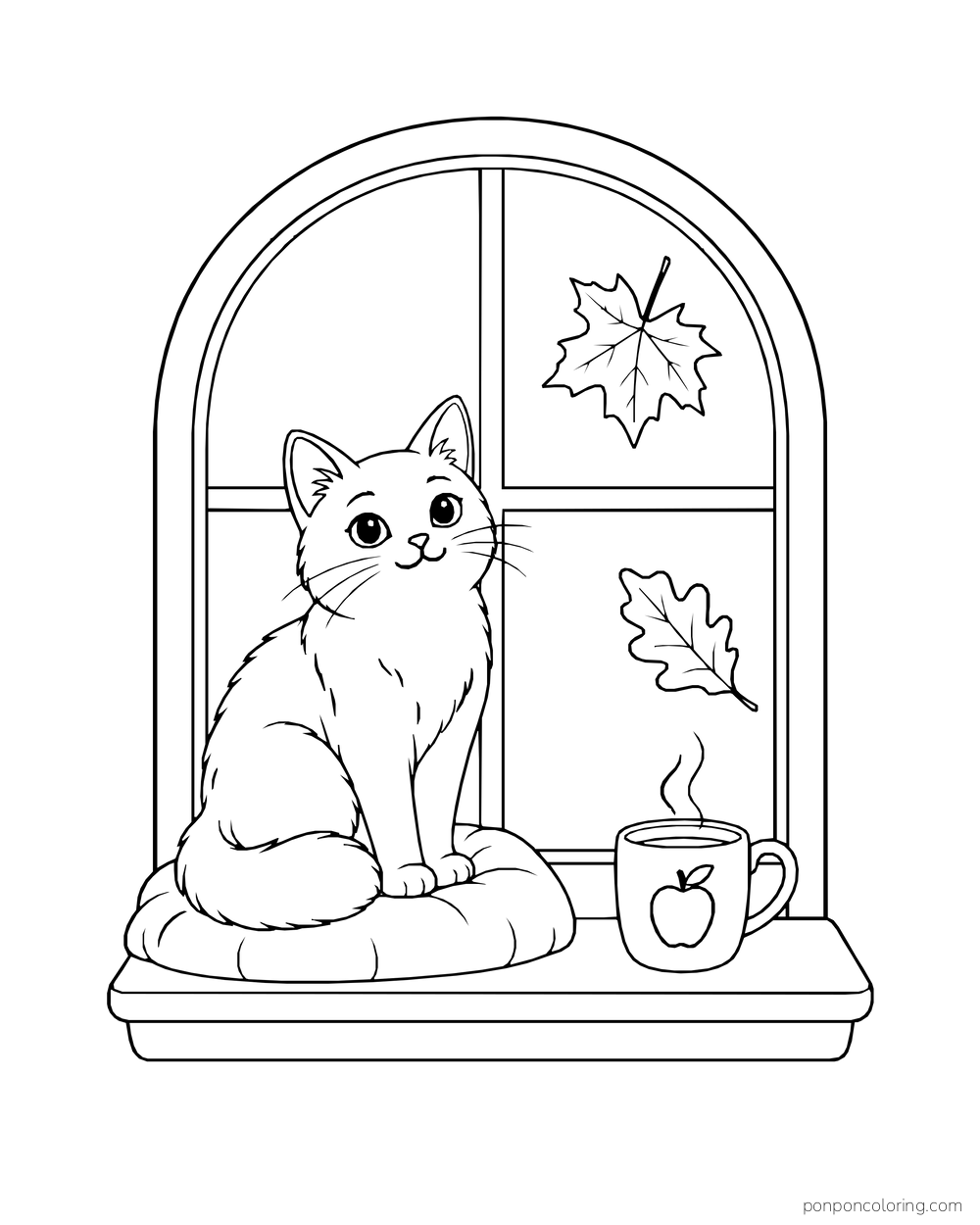 A cat sits on a cushion beside a steaming mug at an arched window with two leaves.