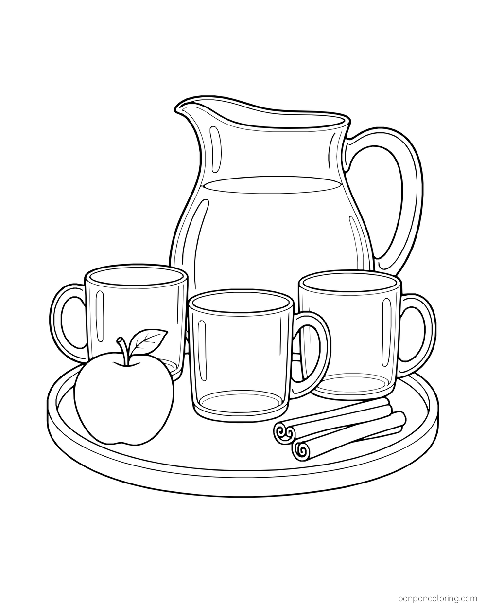 A pitcher, three mugs, an apple and cinnamon sticks sit on a tray.