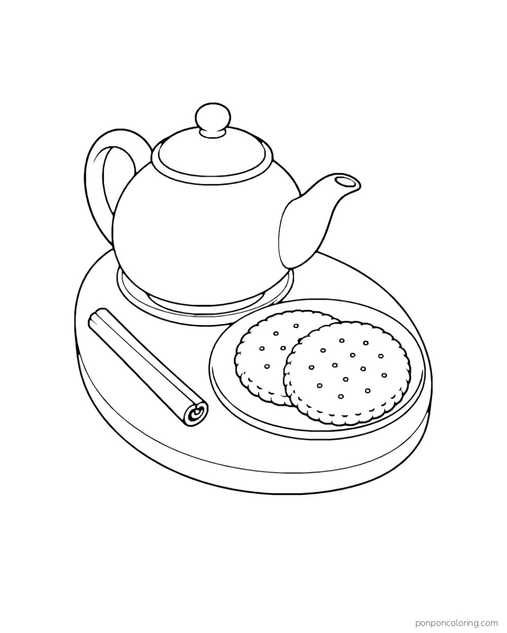 Teapot sits beside two round biscuits and a cinnamon stick on a tray.