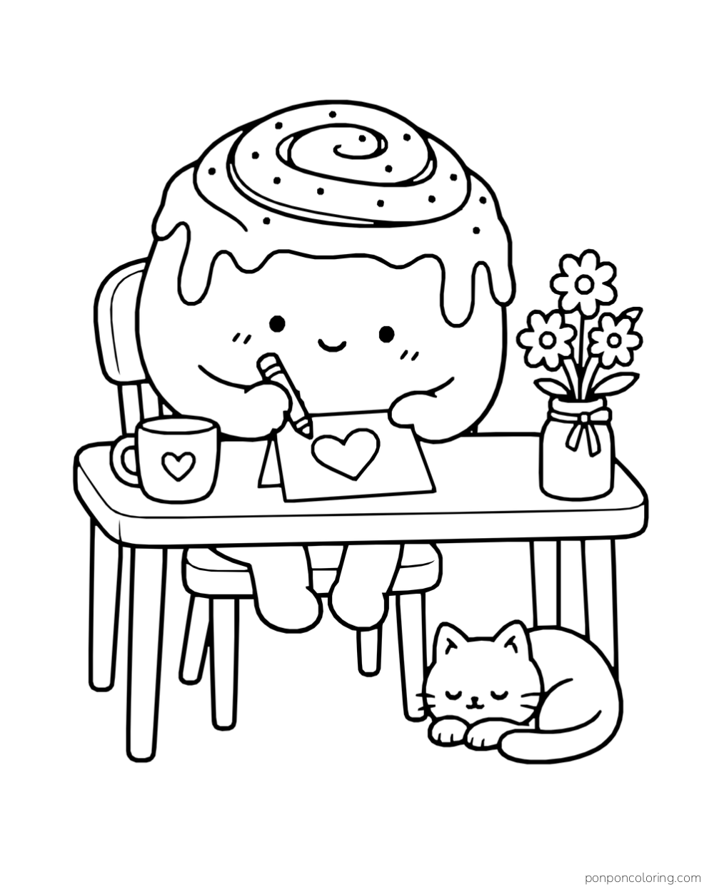 A cinnamon roll draws a heart on a card at a desk beside a cat.