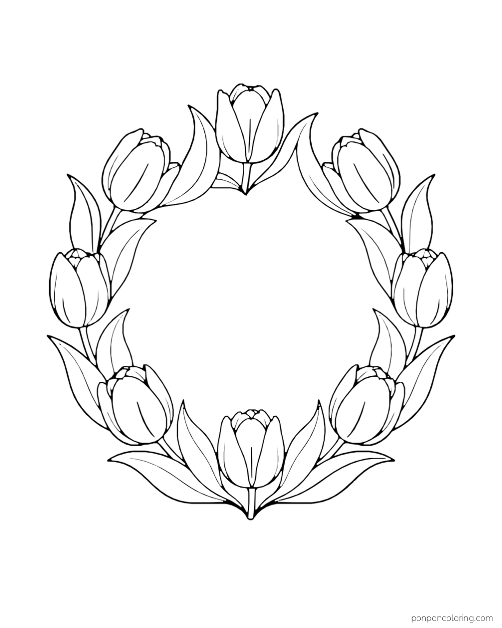 A round wreath of tulips and leaves with an empty center.