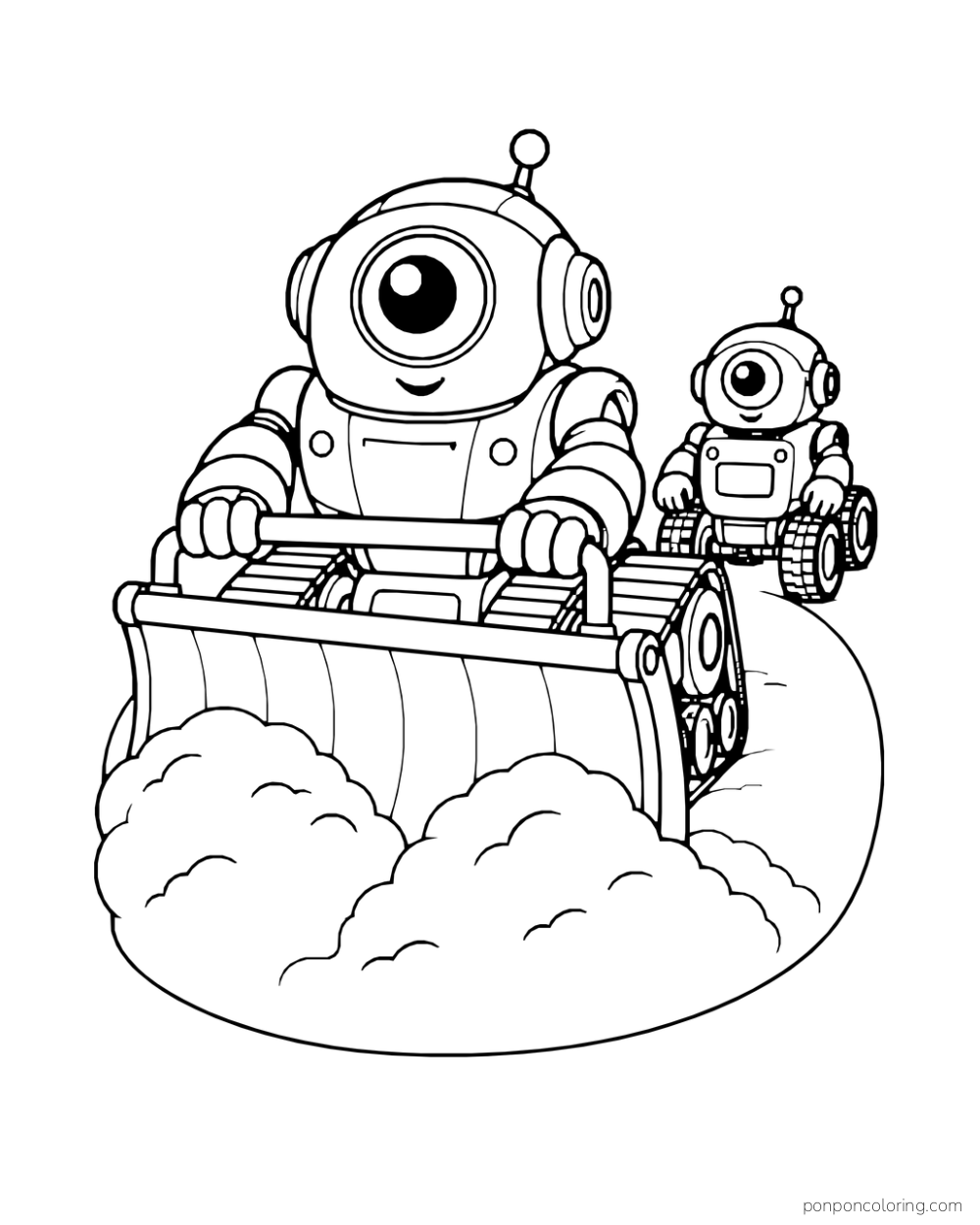 Tracked service robot clears a snow path for a little robot.