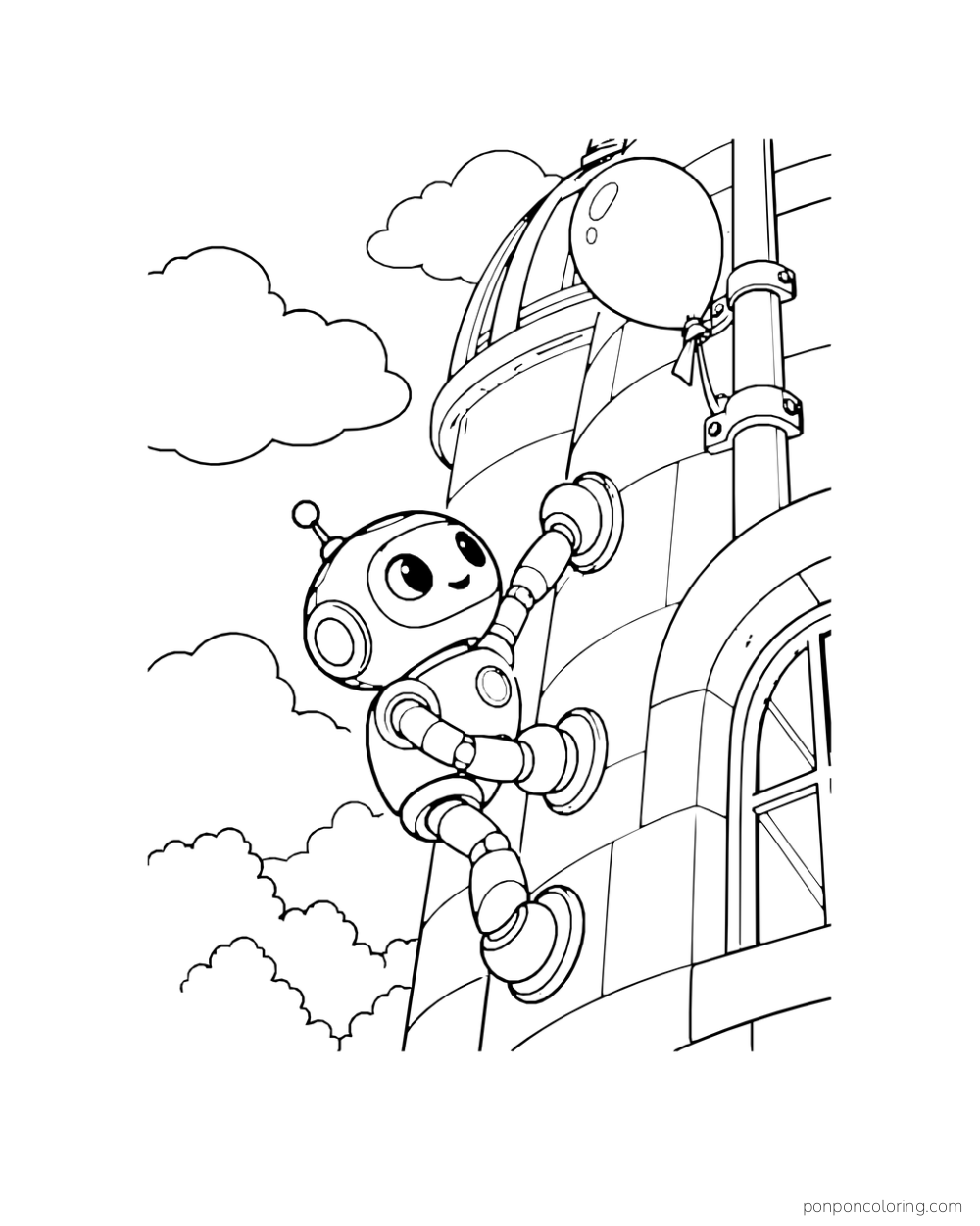 A robot uses suction pads to climb an observatory wall toward a balloon.