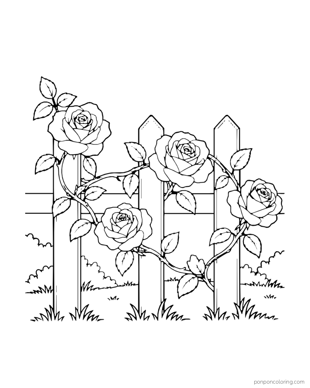 Four rose blossoms winding across a short picket fence with broad leaves.
