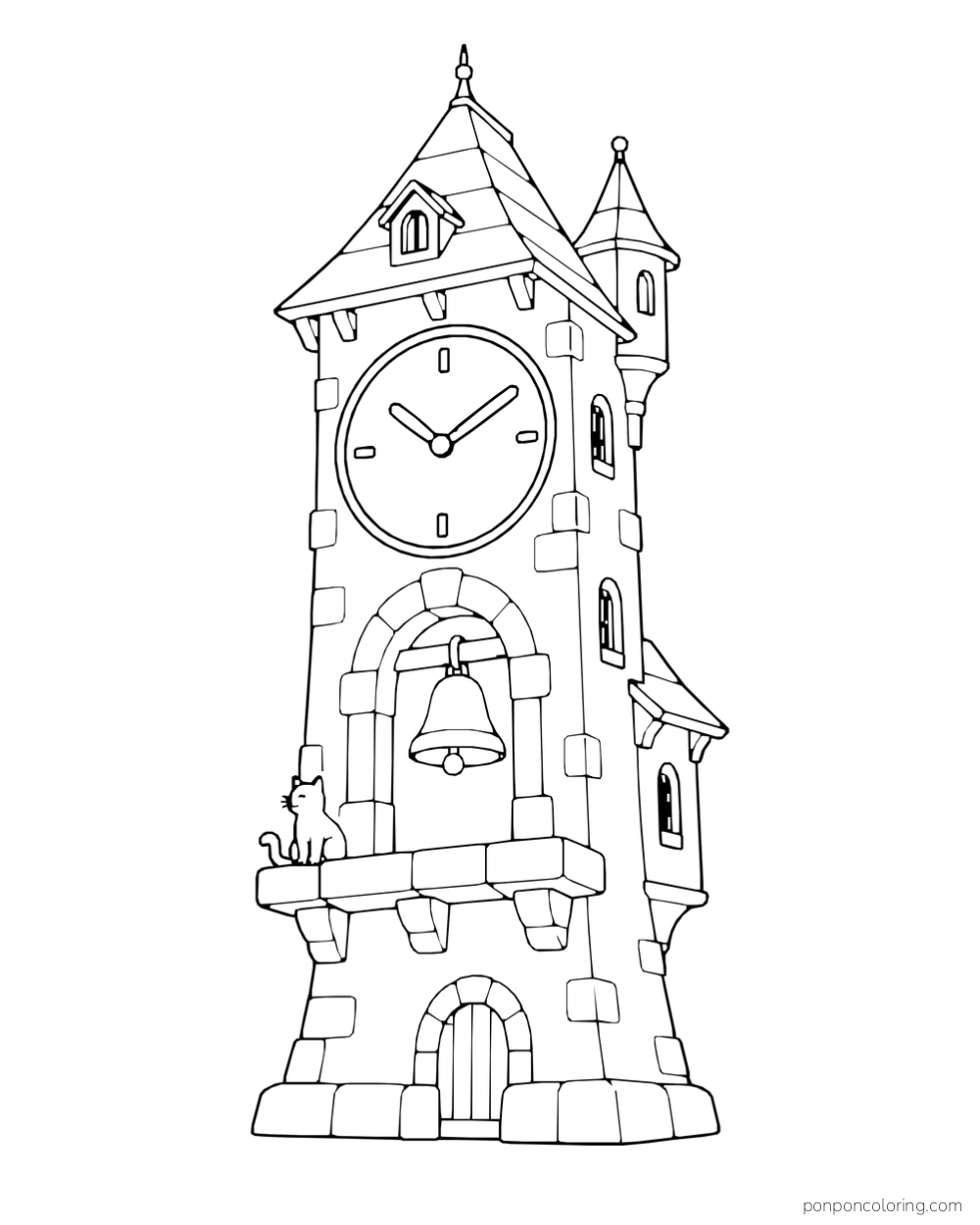 A tall castle clock tower with a large clock face, hanging bell, and cat on a ledge.