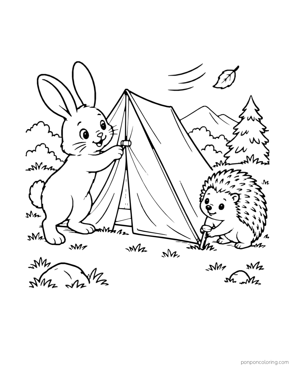 A bunny draws the tent flap closed while a hedgehog steadies a stake.