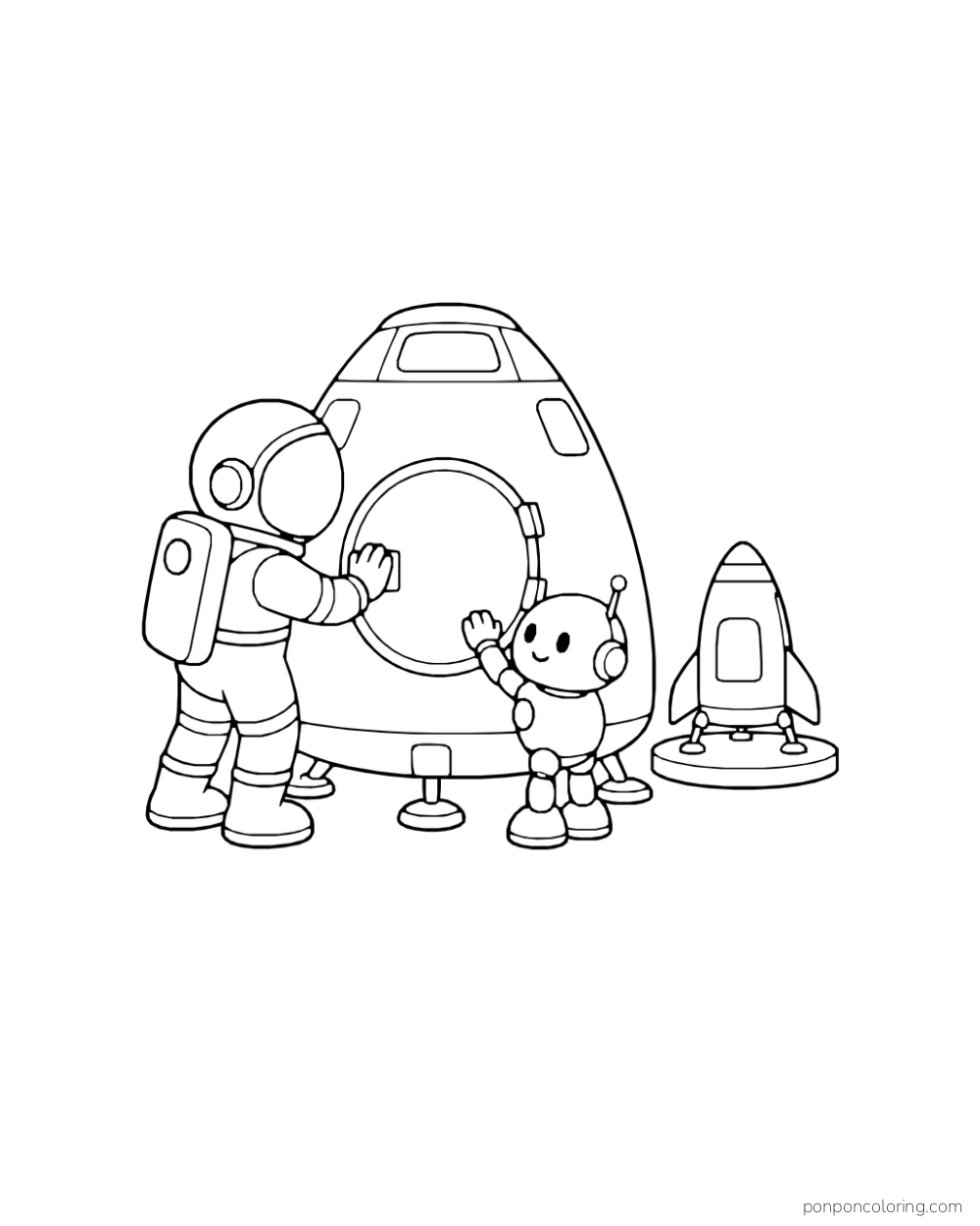 An astronaut and a small robot hold the round hatch of a capsule with a rocket nearby.