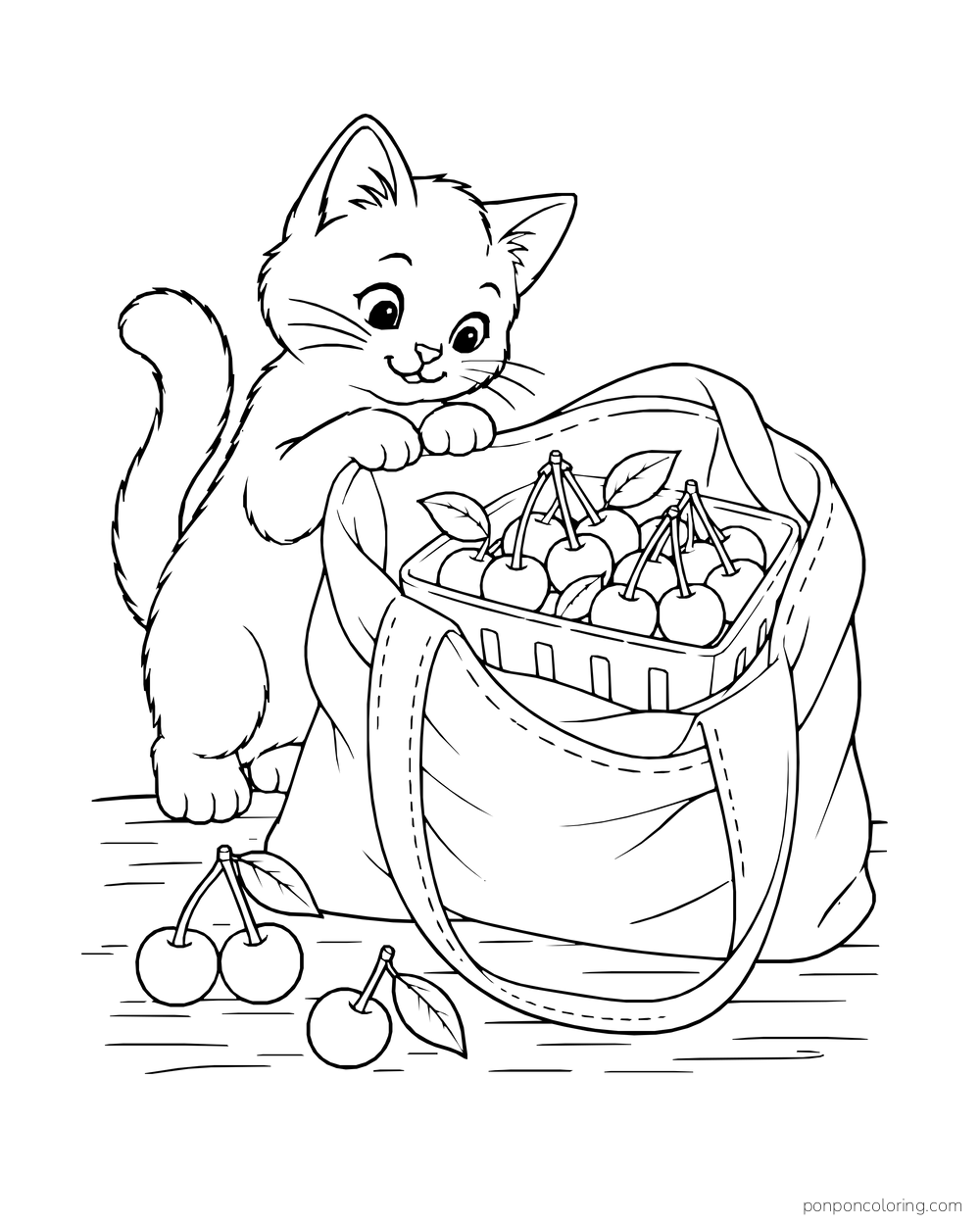 A kitten peers into an open cloth market bag filled with cherries.