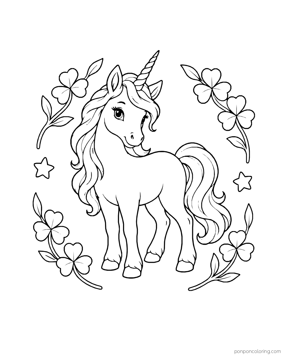 A compact unicorn stands inside a loose ring of clover and star sprigs.