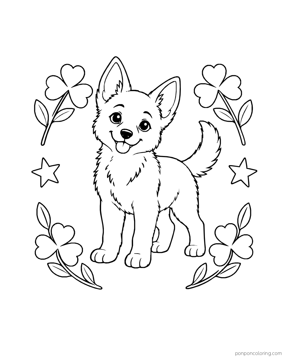 A pointed-eared puppy stands between four clover sprigs and two stars.