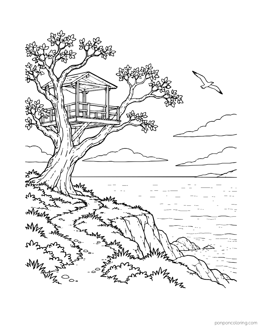 An open treehouse lookout overlooks the sea and a cliff path, with a bird nearby.