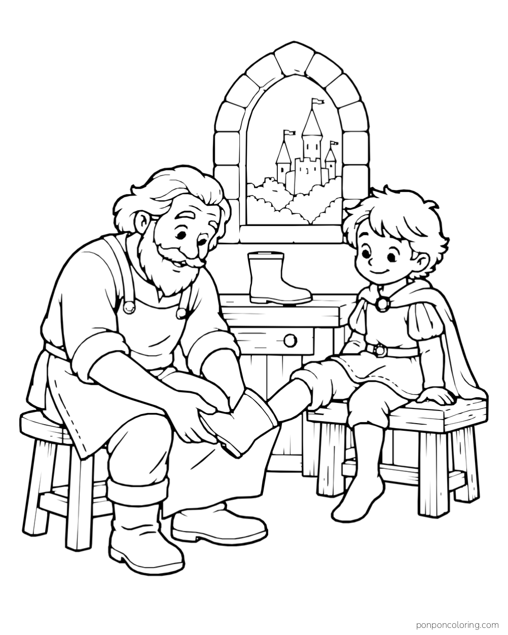 A cobbler working on a piece held in his hands while a child sits beside him, with a shoe on the floor and a castle visible through an arch.