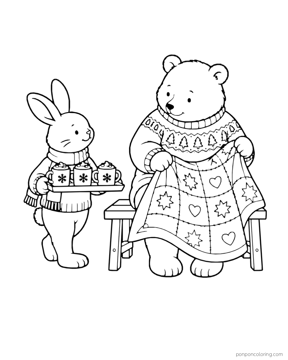 A rabbit carries three cocoa mugs while a seated bear opens a star-and-heart patchwork quilt.