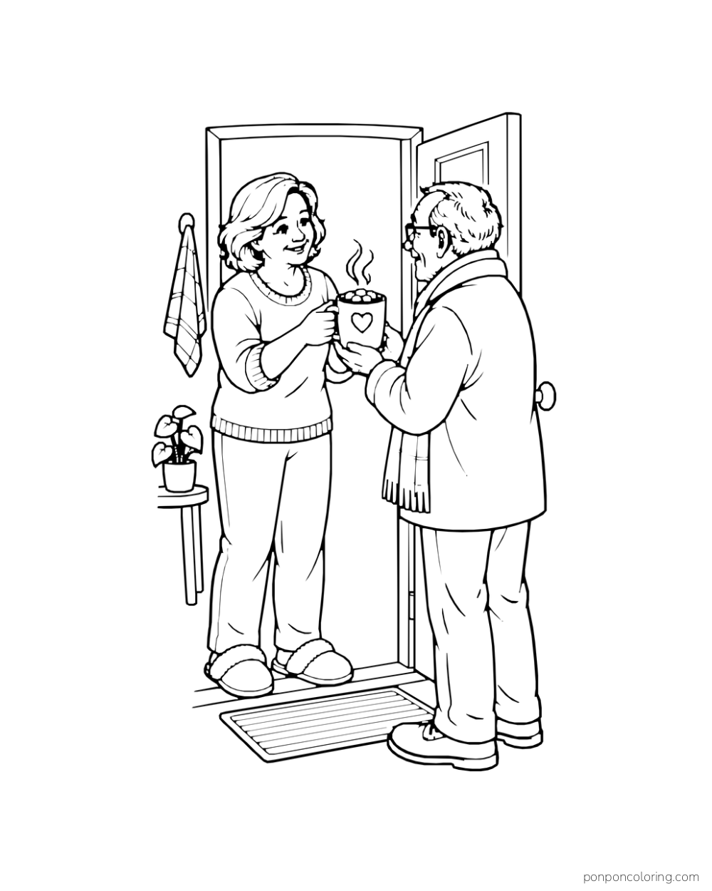 An adult offers a cocoa mug to an older adult standing in an open doorway.