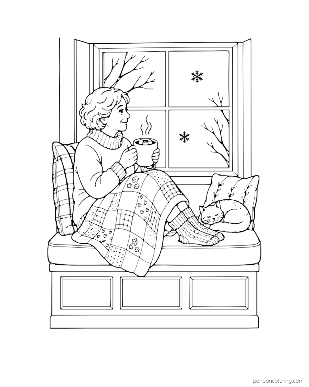 An older woman holds a cocoa mug on a window seat with a quilt over her lap and a cat beside her.