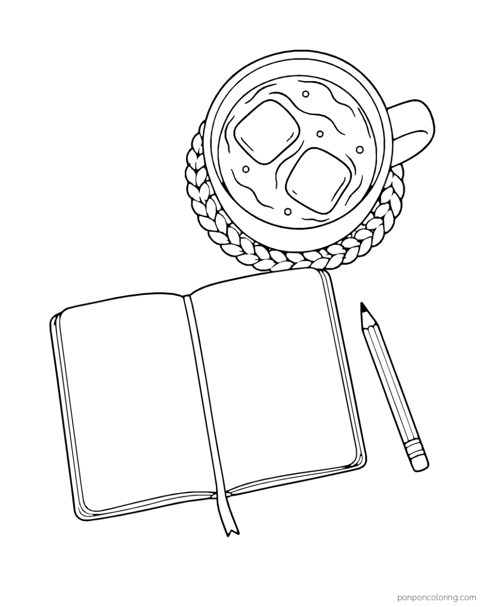 Overhead view of a cocoa mug, open blank journal, pencil, and knitted coaster.