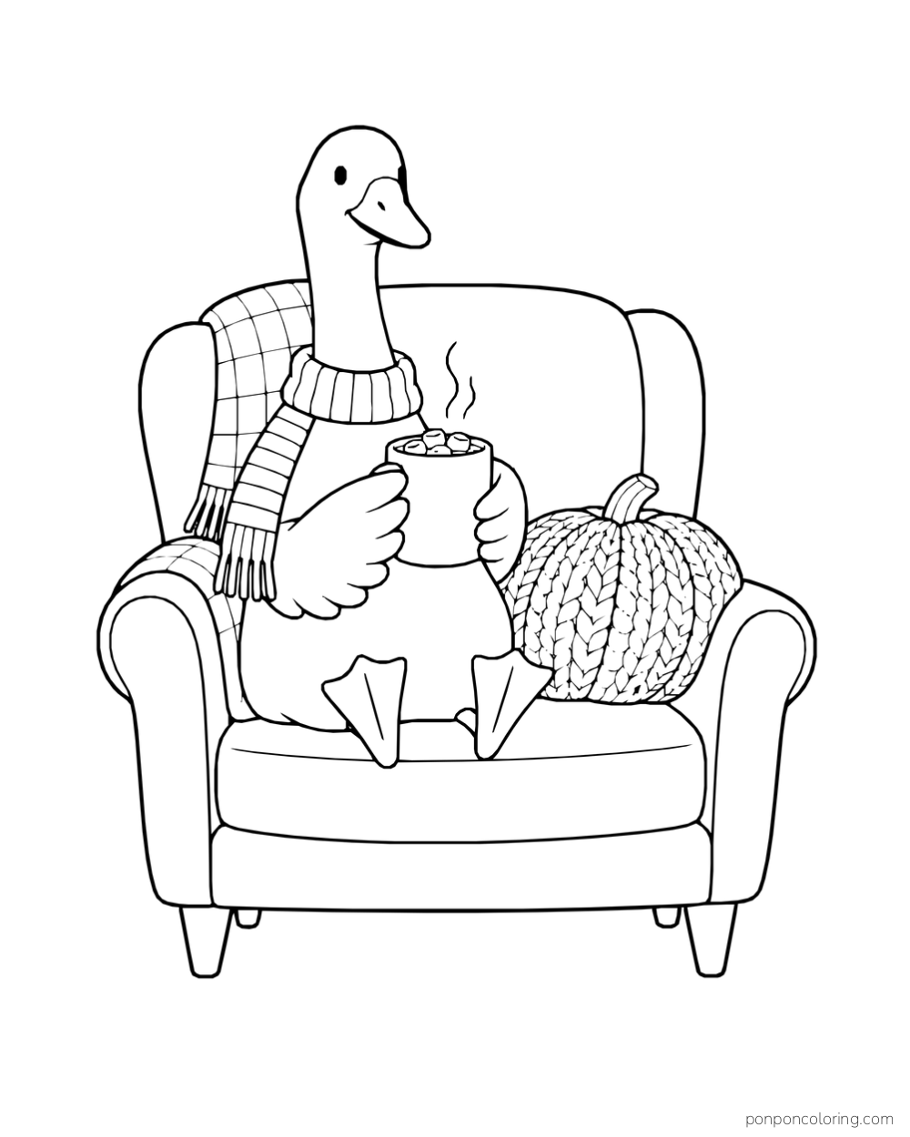 A goose wearing a scarf holds a mug in an armchair beside a knitted pumpkin-shaped cushion.
