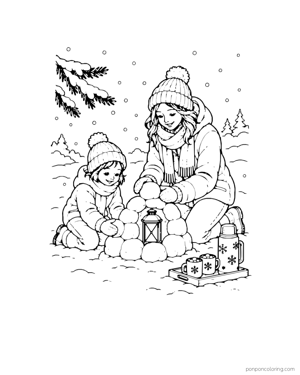 An adult and child build a small snow lantern while cocoa cups rest nearby.