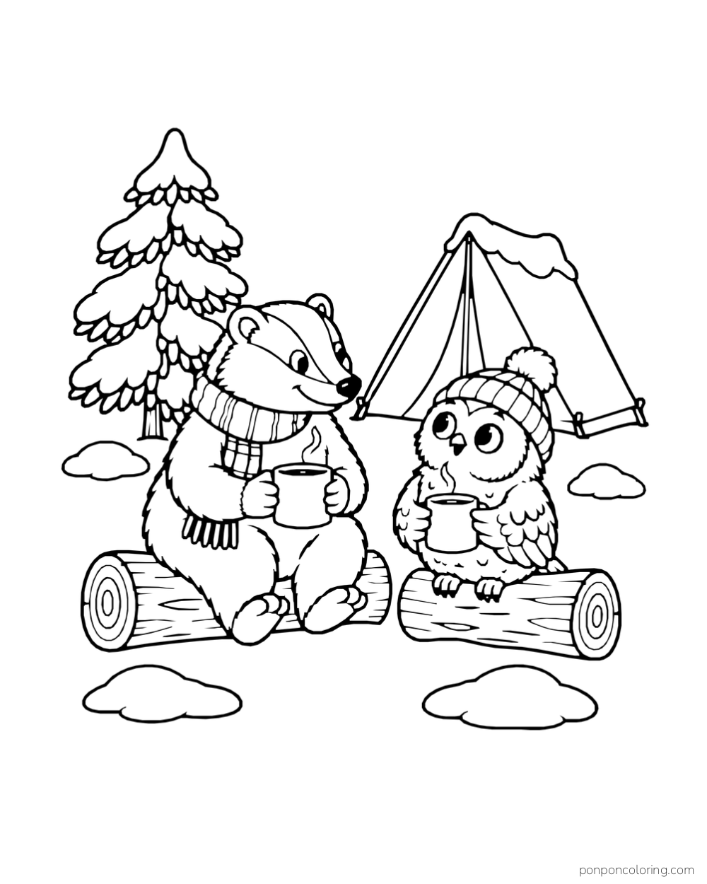 A badger and owl hold separate mugs near a tent in the snow.