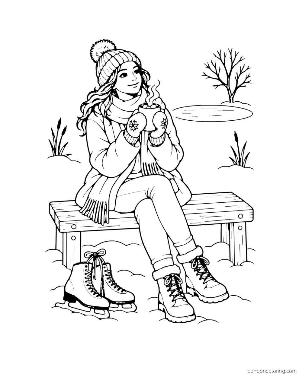 A person holds cocoa on a pond-side bench while a pair of skates rests beside it.