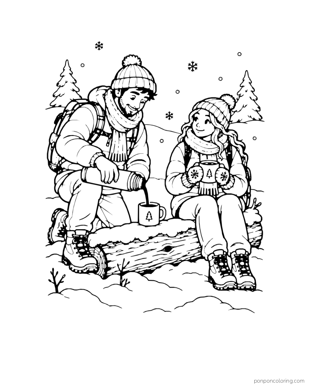 Two hikers pause by a snowy log with cocoa, a thermos, and winter trees nearby.