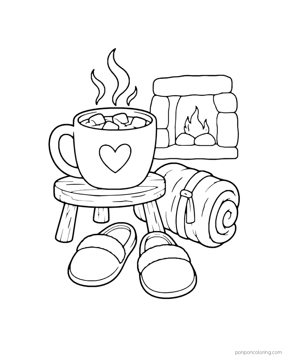 A cocoa mug on a stool stands near slippers, a rolled blanket, and a small fireplace.