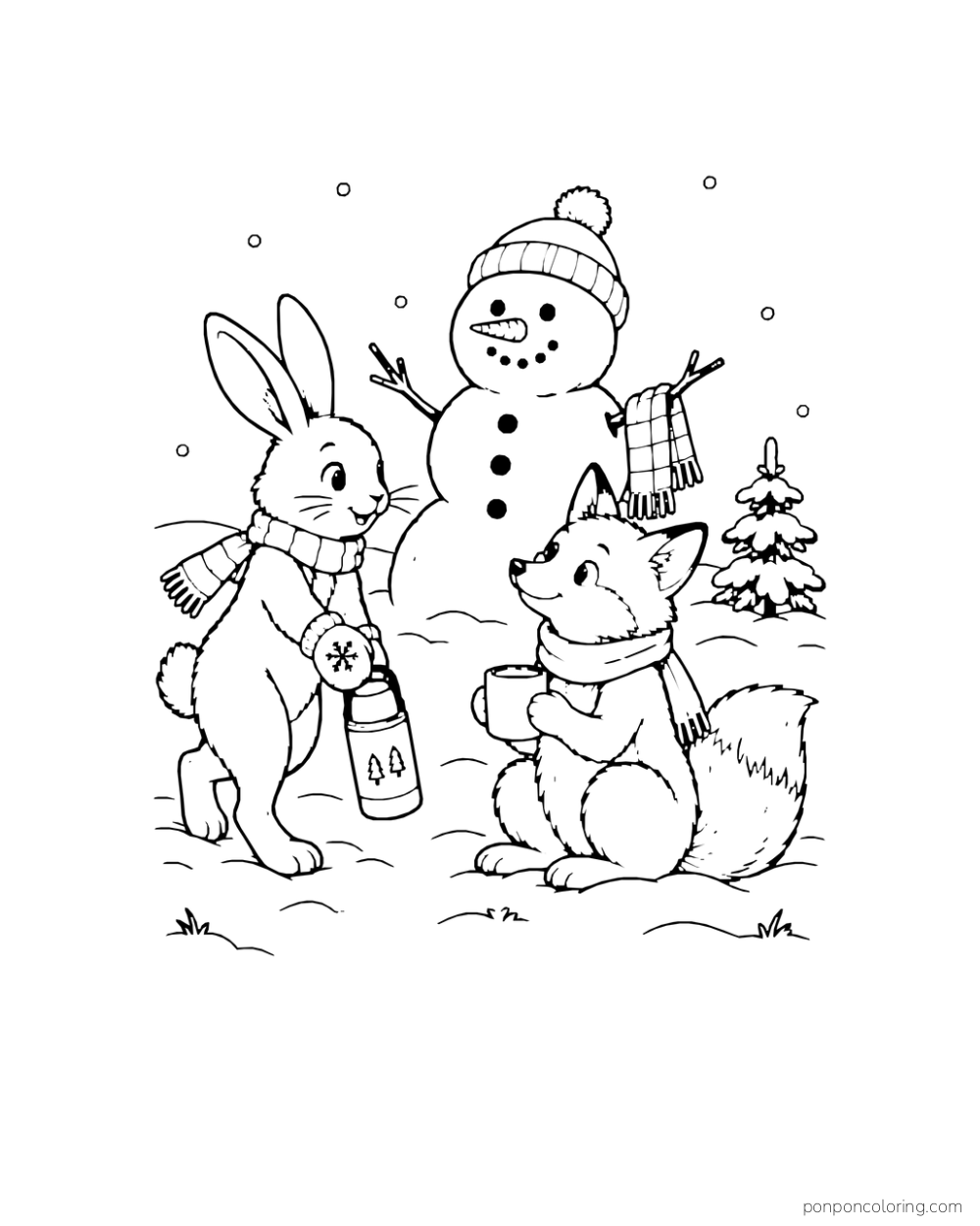 A rabbit with a tiny thermos and a fox stand near a snowman in a winter clearing.