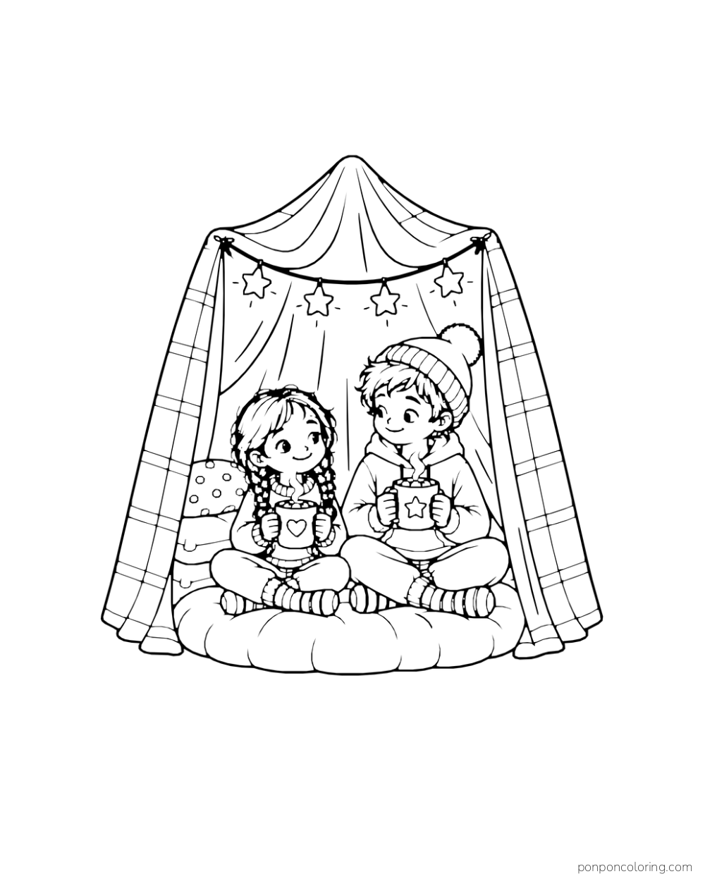 Two children sit with cocoa mugs beneath a draped blanket fort and star garland.
