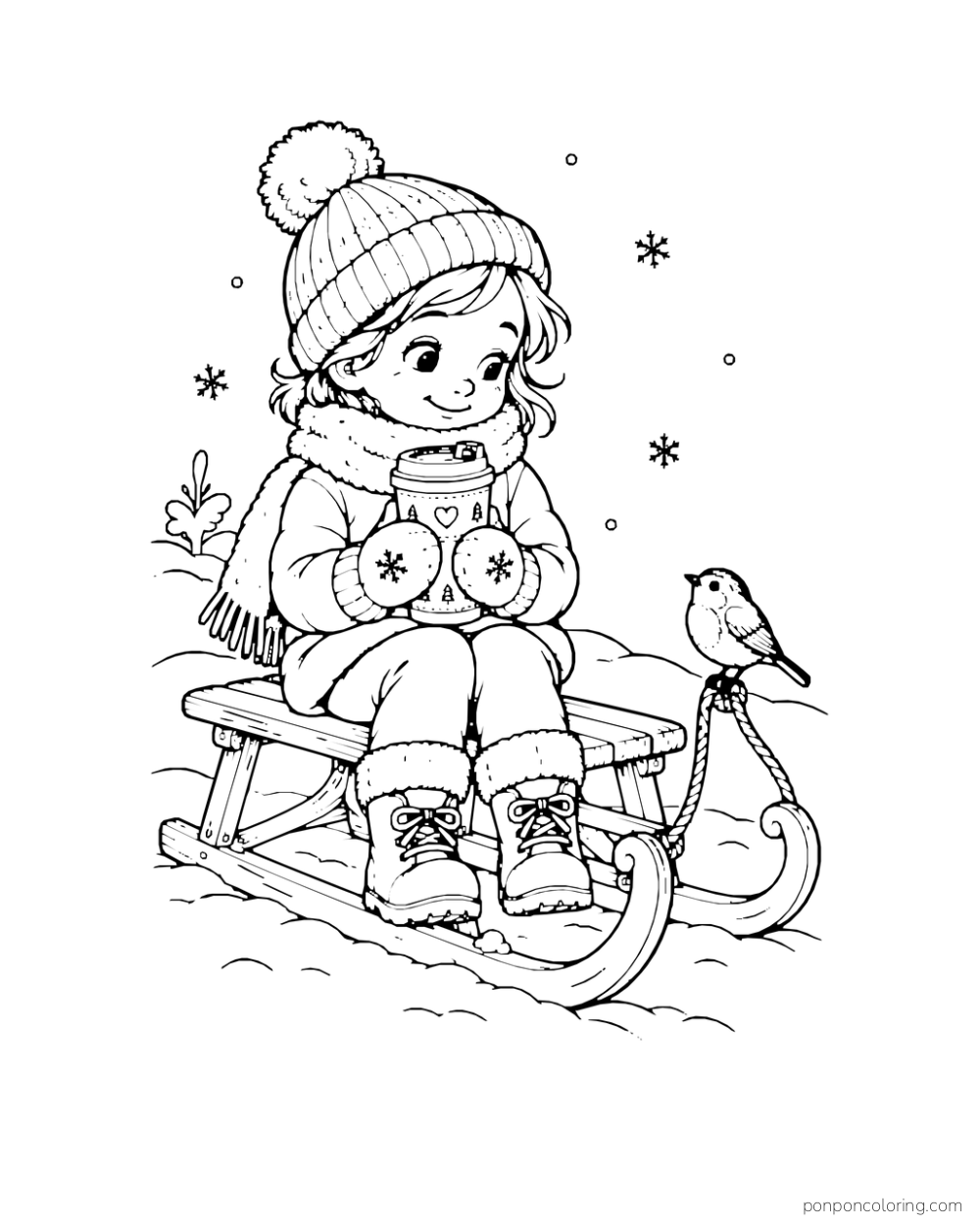 A child in a knit hat sits on a sled holding a lidded cocoa mug near a small bird.