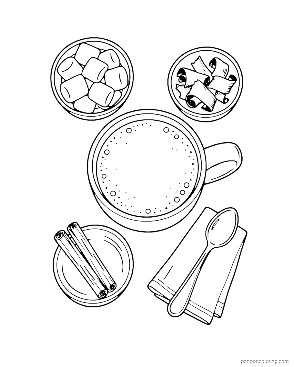 Overhead view of a cocoa mug surrounded by bowls of marshmallows and other toppings, cinnamon sticks, and a spoon.