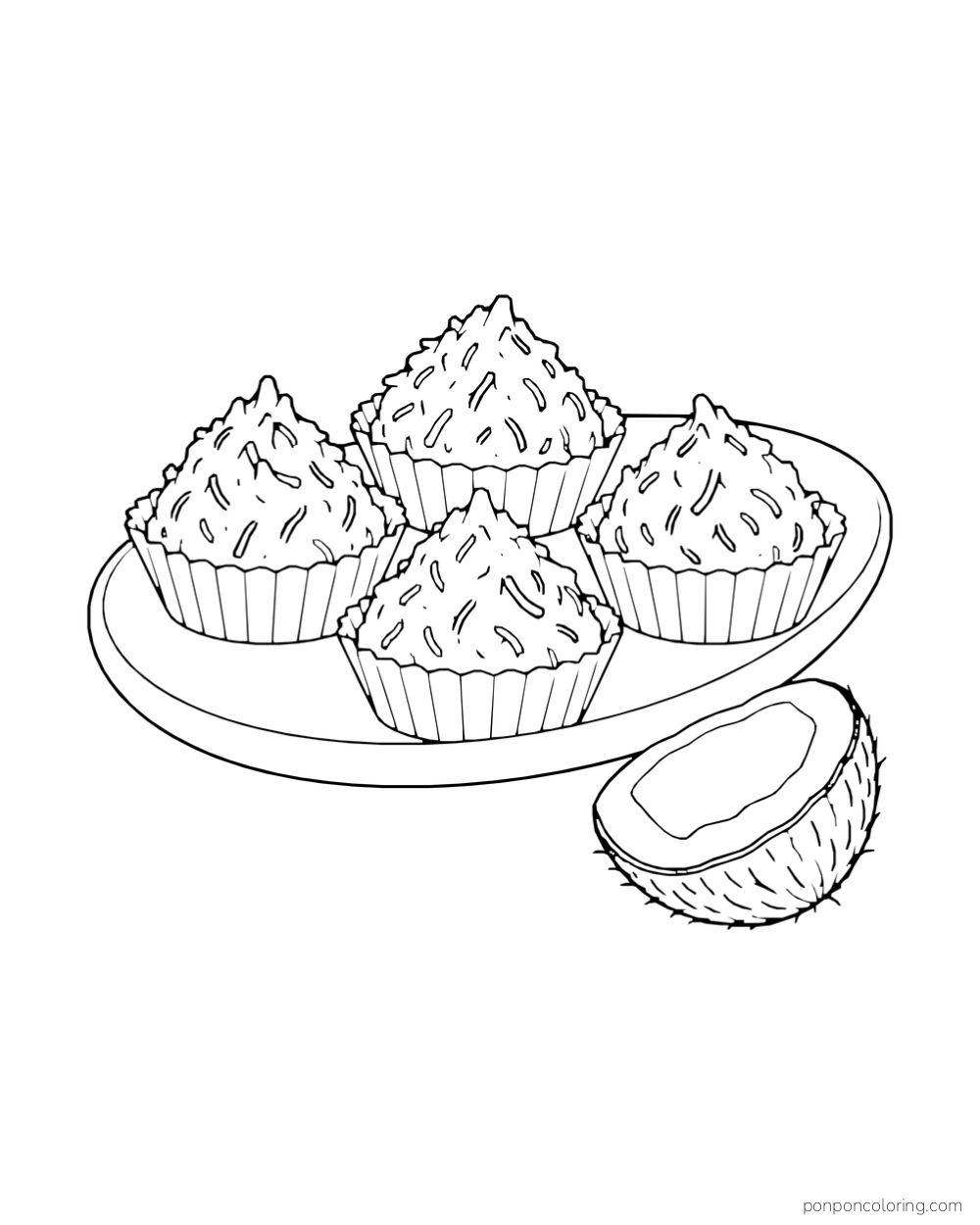 Four peaked coconut macaroon cookies in paper cups rest on a platter beside a coconut half.