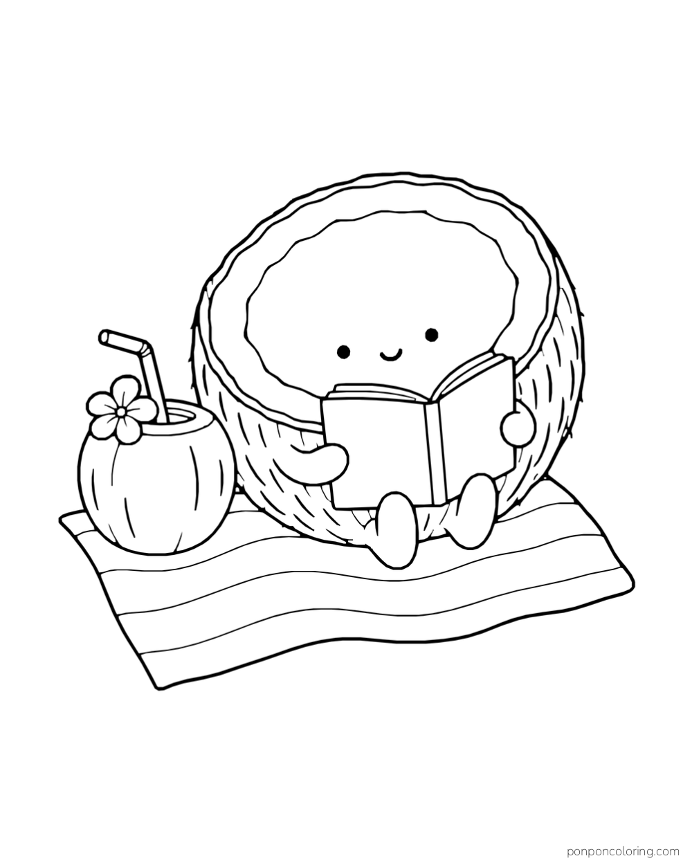 A coconut half reads a book on a striped towel beside a coconut drink.