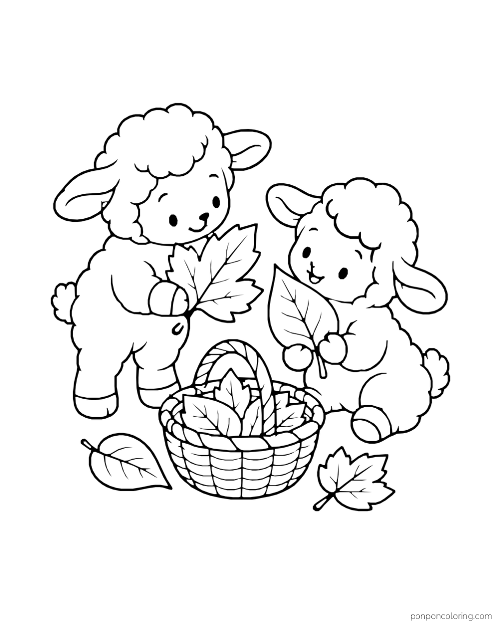 Two sheep hold large leaves beside a basket filled with leaves.