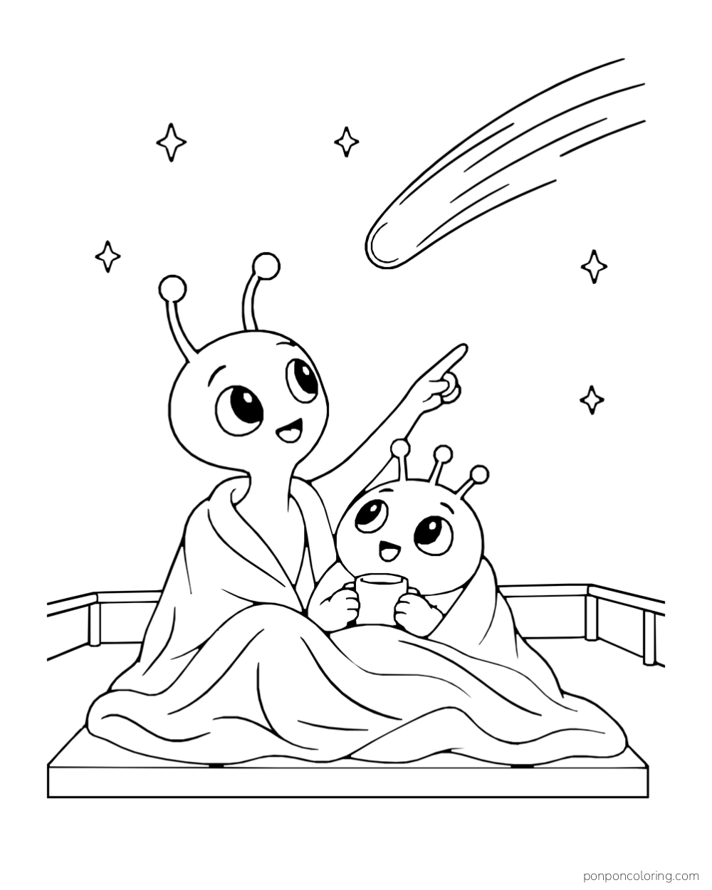 Two aliens share a blanket on a rooftop and look toward a comet.