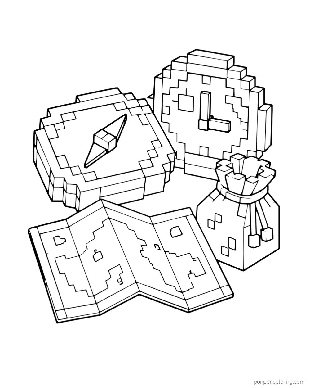 A blocky compass and clock rest above a folded map beside a small pouch.