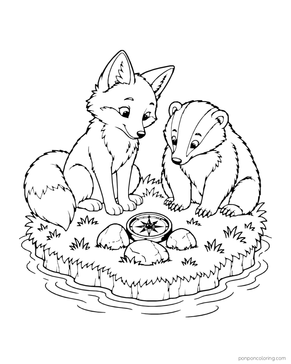 A fox and a badger look down at a compass set among three stones.