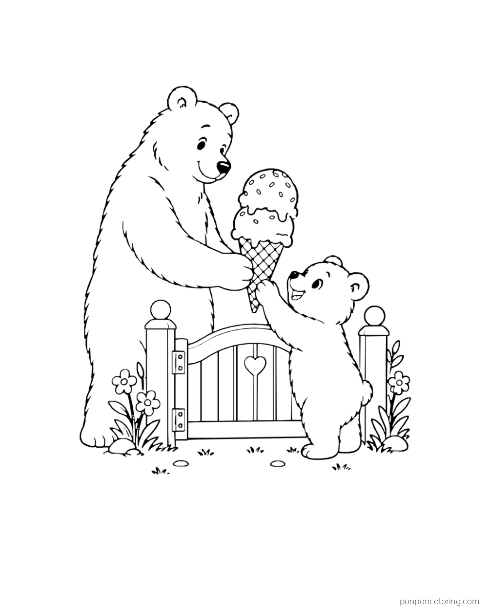 An adult bear passes a double-scoop cone to a cub across a garden gate.