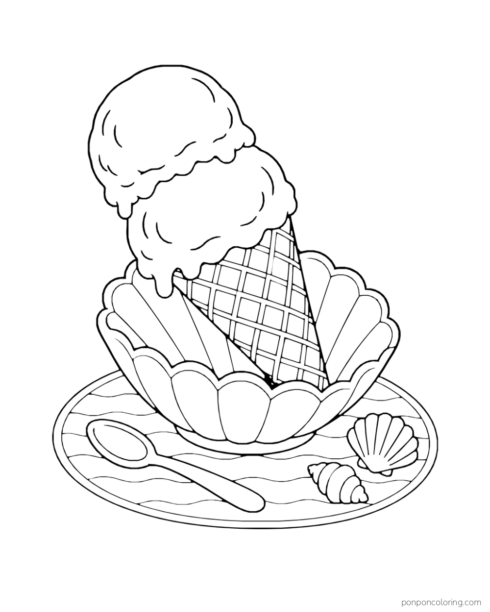 A large two-scoop cone rests diagonally in a shell-shaped serving dish on an oval mat beside a spoon and two shells.