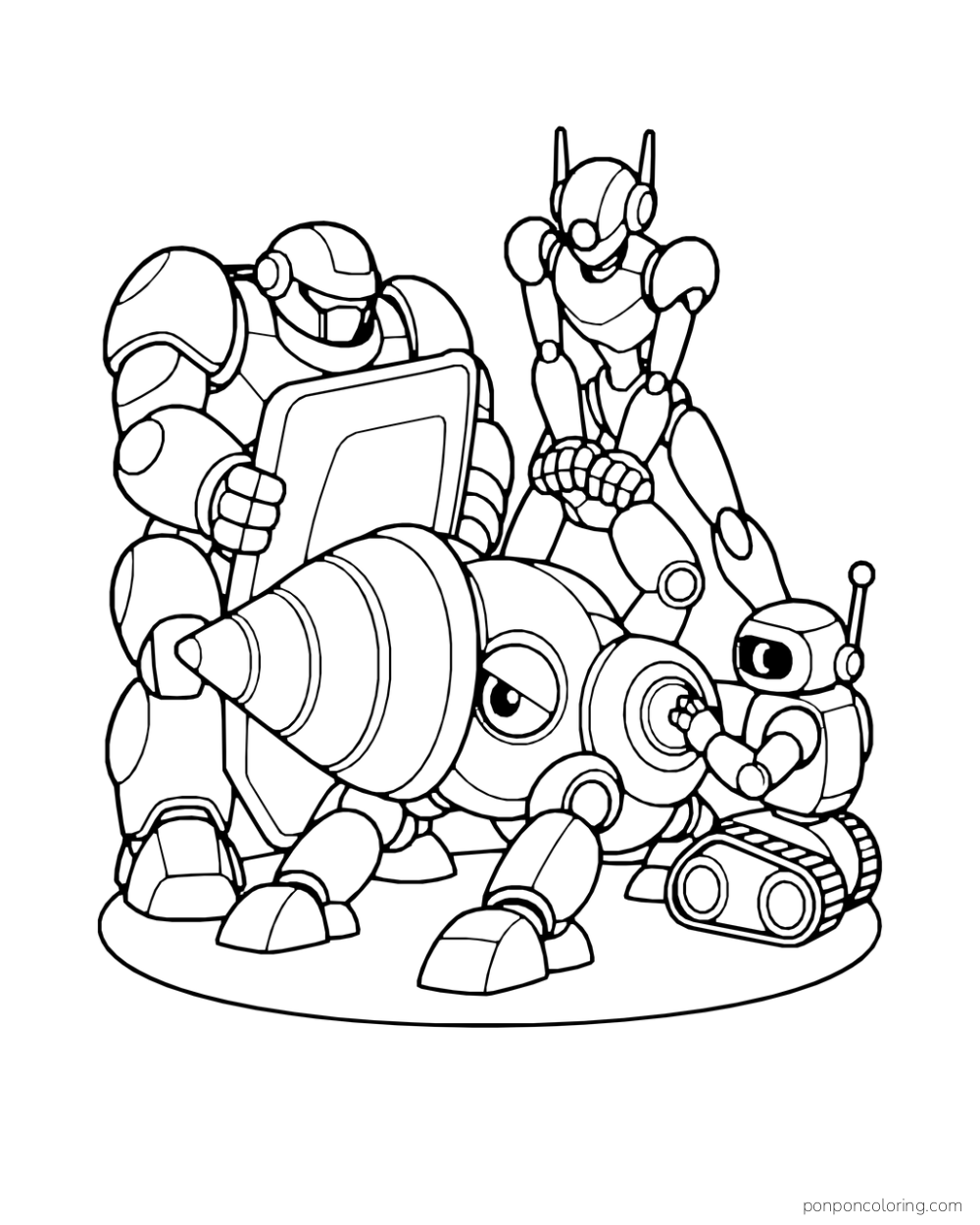 Three allied mechs hold down a rogue drill walker and reach for its power dial.
