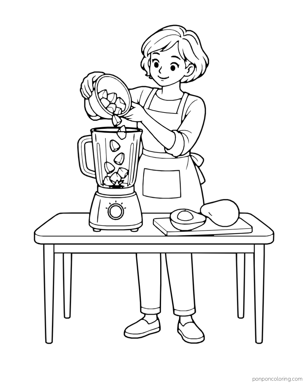 An adult cook pours avocado pieces into a blender at a small worktable.