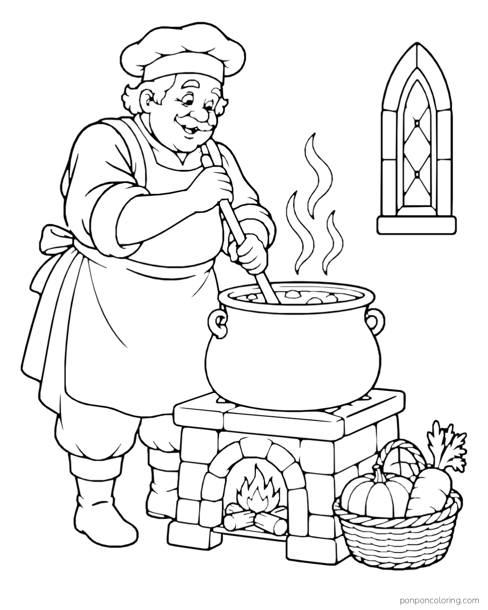 A cook stirring a steaming pot over a small hearth, with a basket of vegetables beside it.