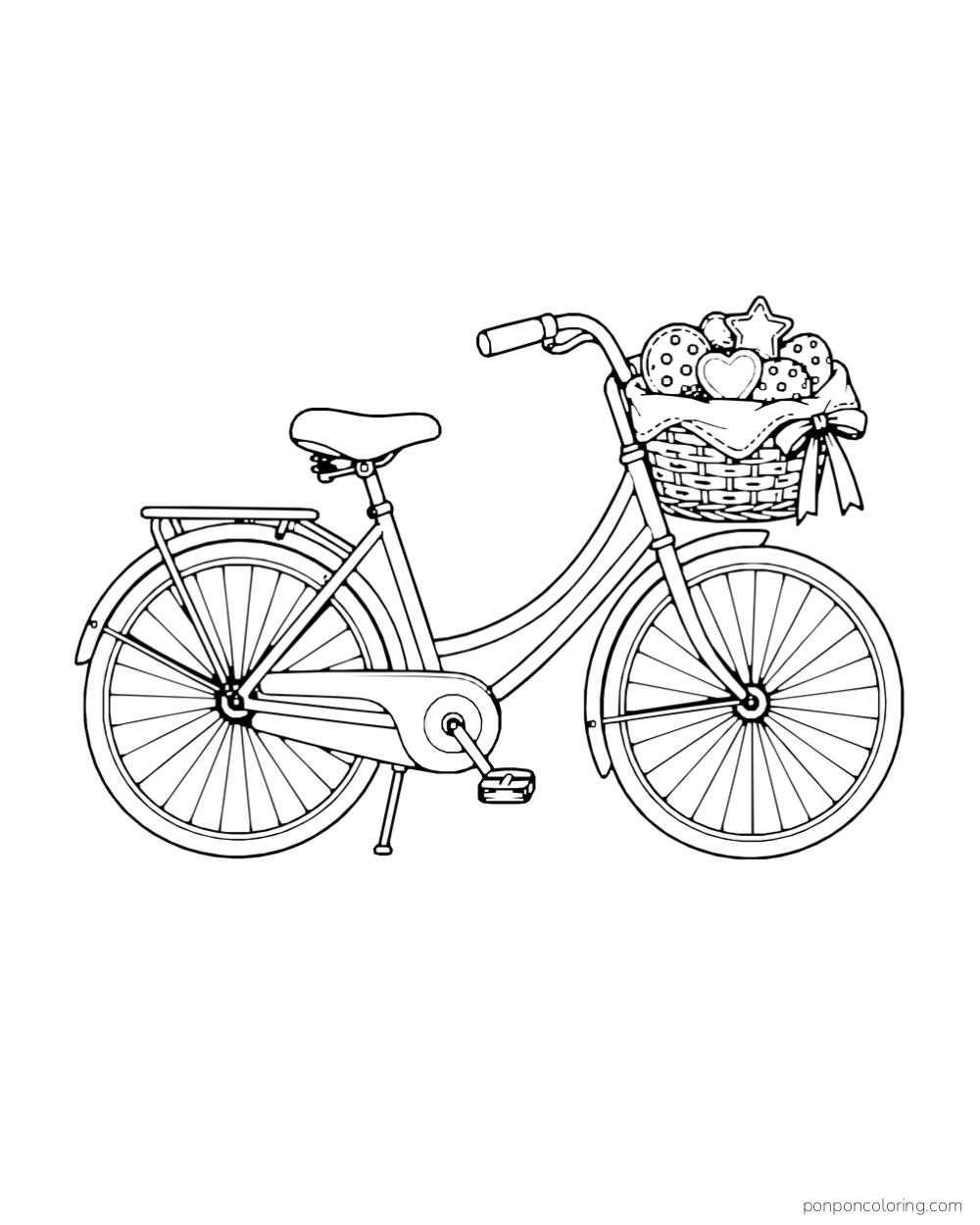 A parked bicycle carries round, star, and heart cookies in its front basket.