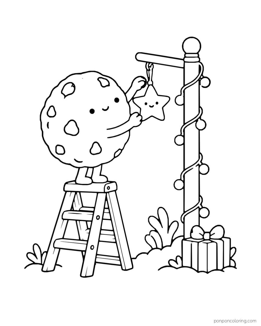 A cookie stands on a ladder to hang a star from a post beside a gift box.