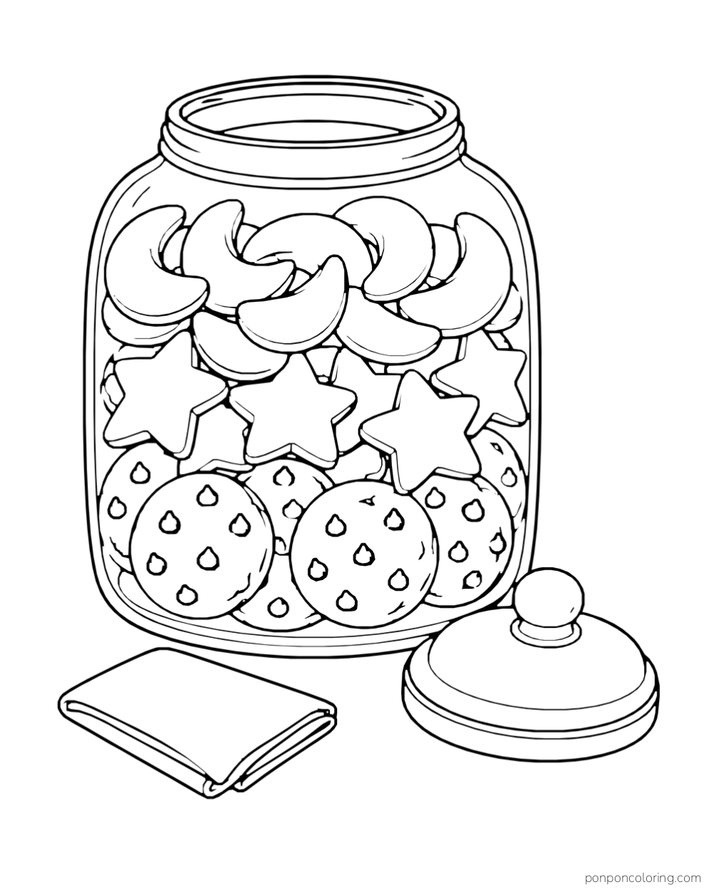 A glass jar holds crescent, star, and round cookies beside its lid and a folded cloth.