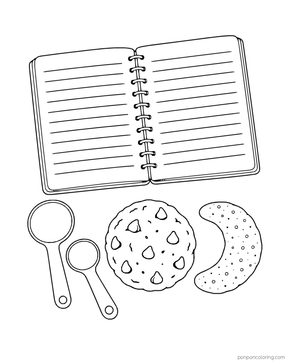 An open recipe notebook sits beside measuring spoons, a round cookie, and a crescent cookie.