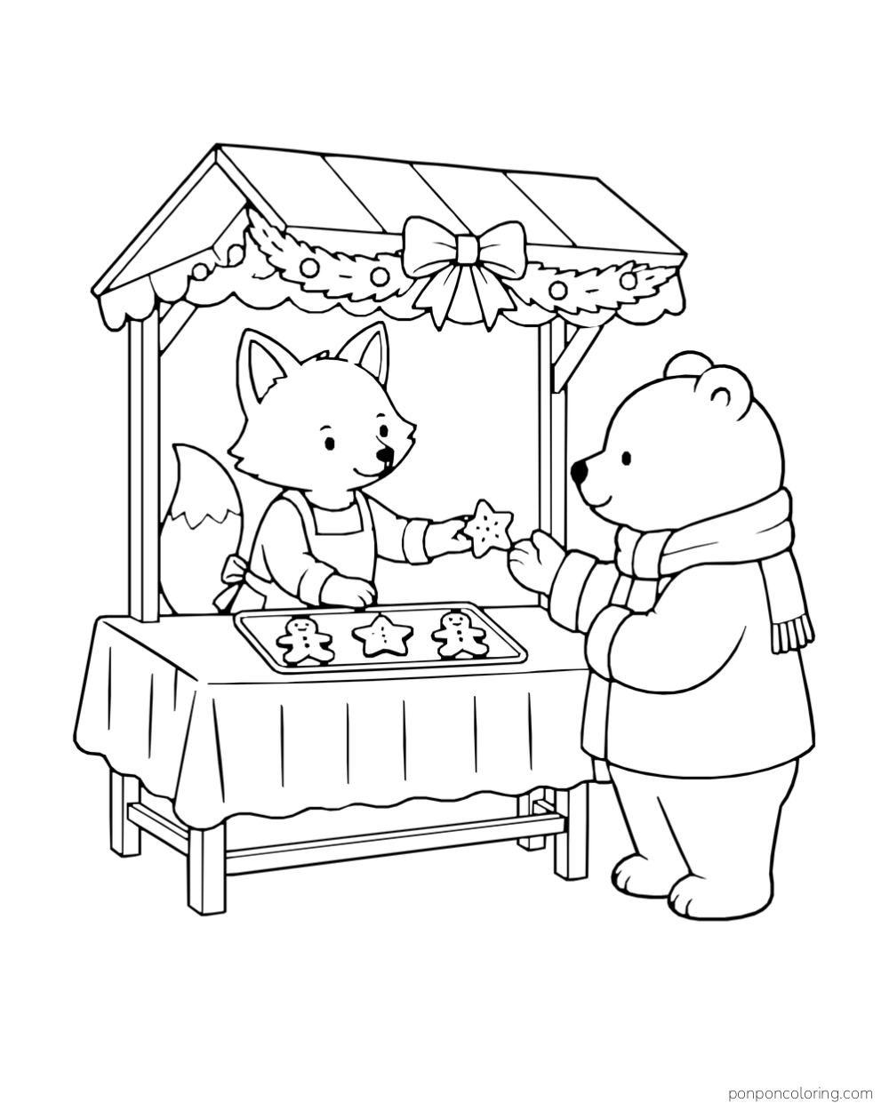 A fox offers a star cookie to a bear across a decorated market stall.
