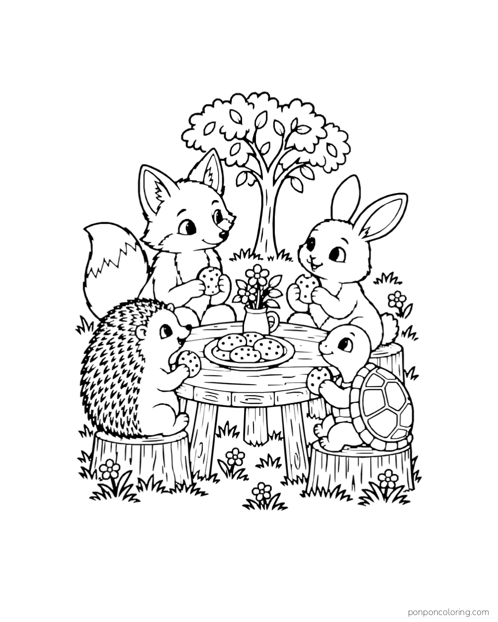 A fox, rabbit, hedgehog, and turtle gather around a small table with cookies beneath a tree.