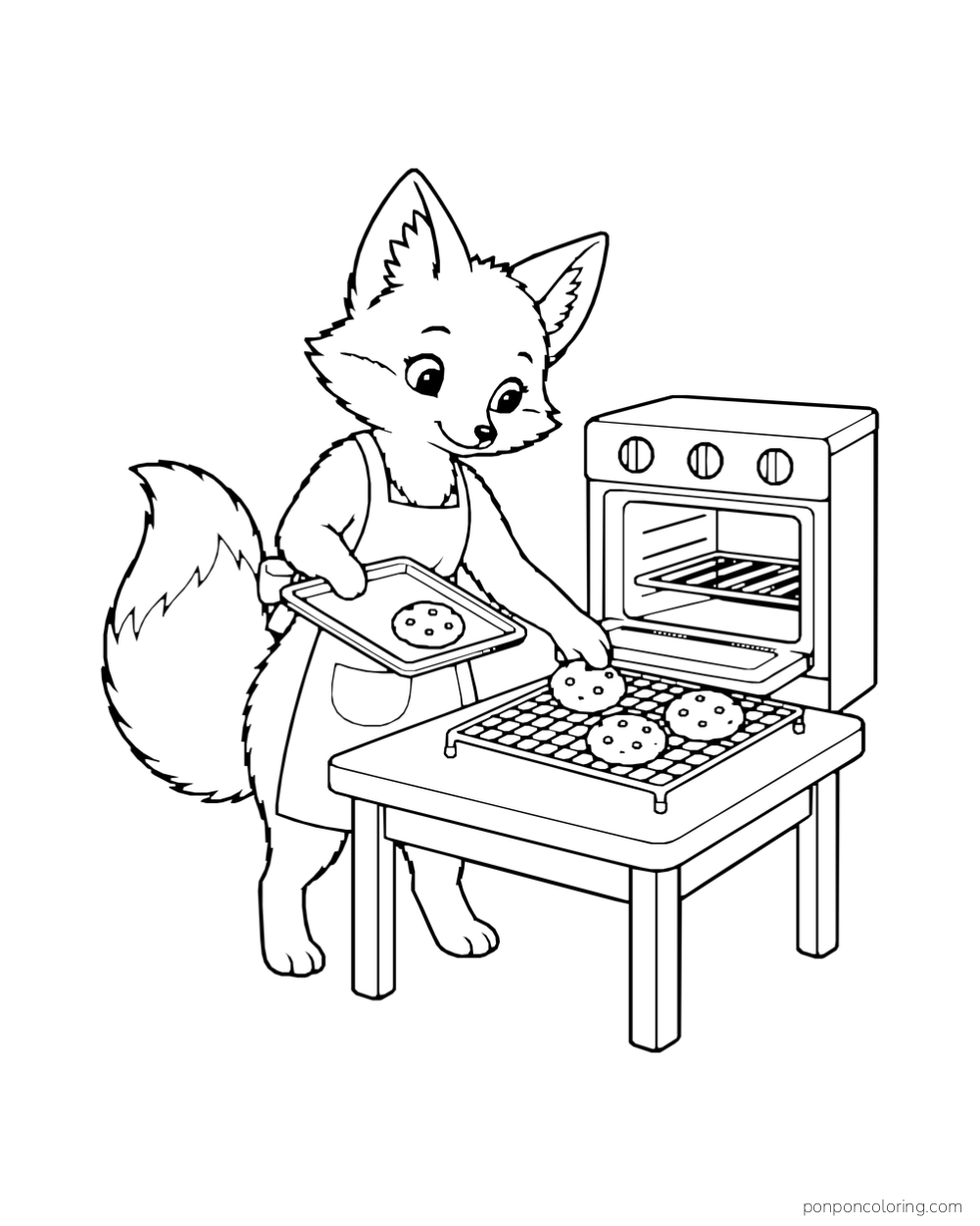 A fox moves round cookies from a tray to a cooling rack beside a small oven.